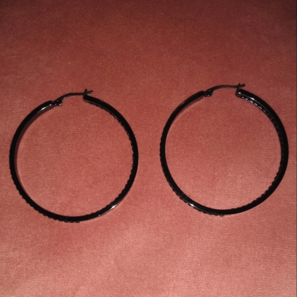 Black Metal Rhinestone Hoop Earrings Sparkle Crystal Big Channel Hoops Dark Glam - Picture 5 of 12